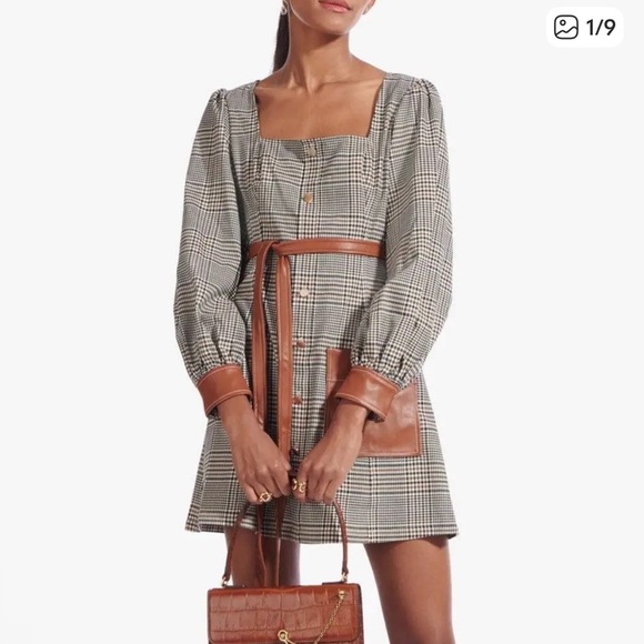 STAUD Dresses & Skirts - STAUD Oz Square-neck Plaid Faux
Leather Mini Dress